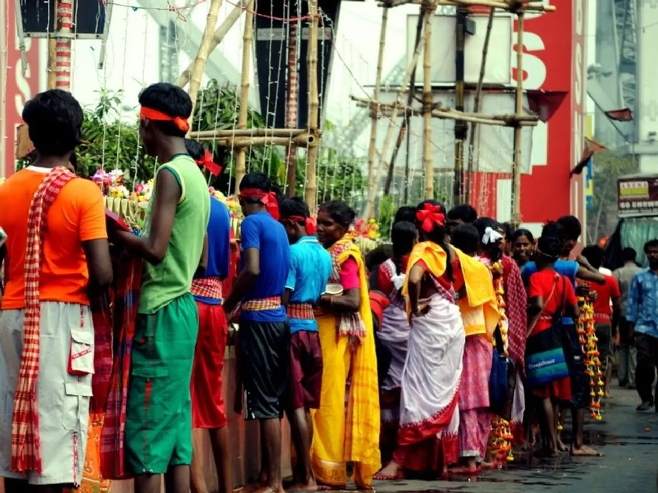 In the picture there are many people standing in a queue, they are collecting something and there...