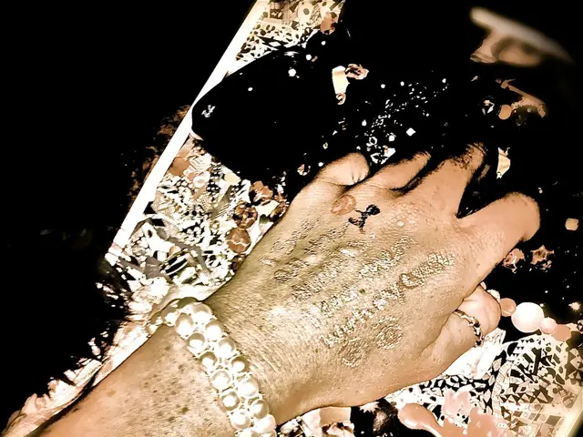 In this image we can see a hand in the color and some text is written on the hand. And even jewelry...