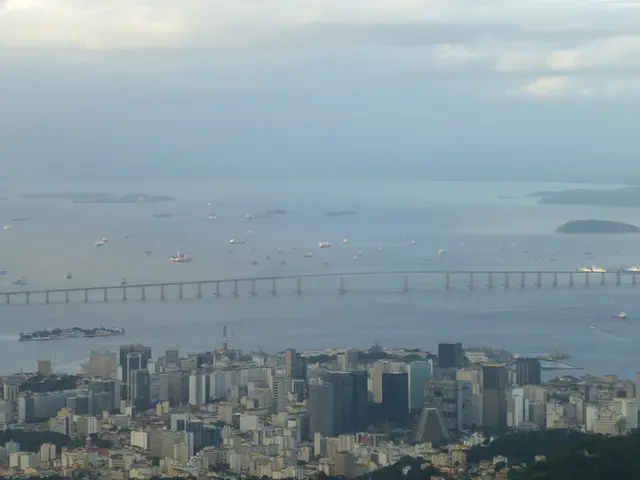 This is an aerial view of an image where we can see buildings, trees, water, bridge, ships float on...